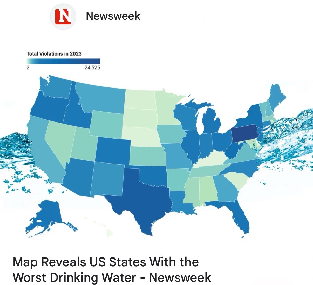 Newsweek - Map Reveals US States With the Worst Drinking Water - Total Violations in 2023